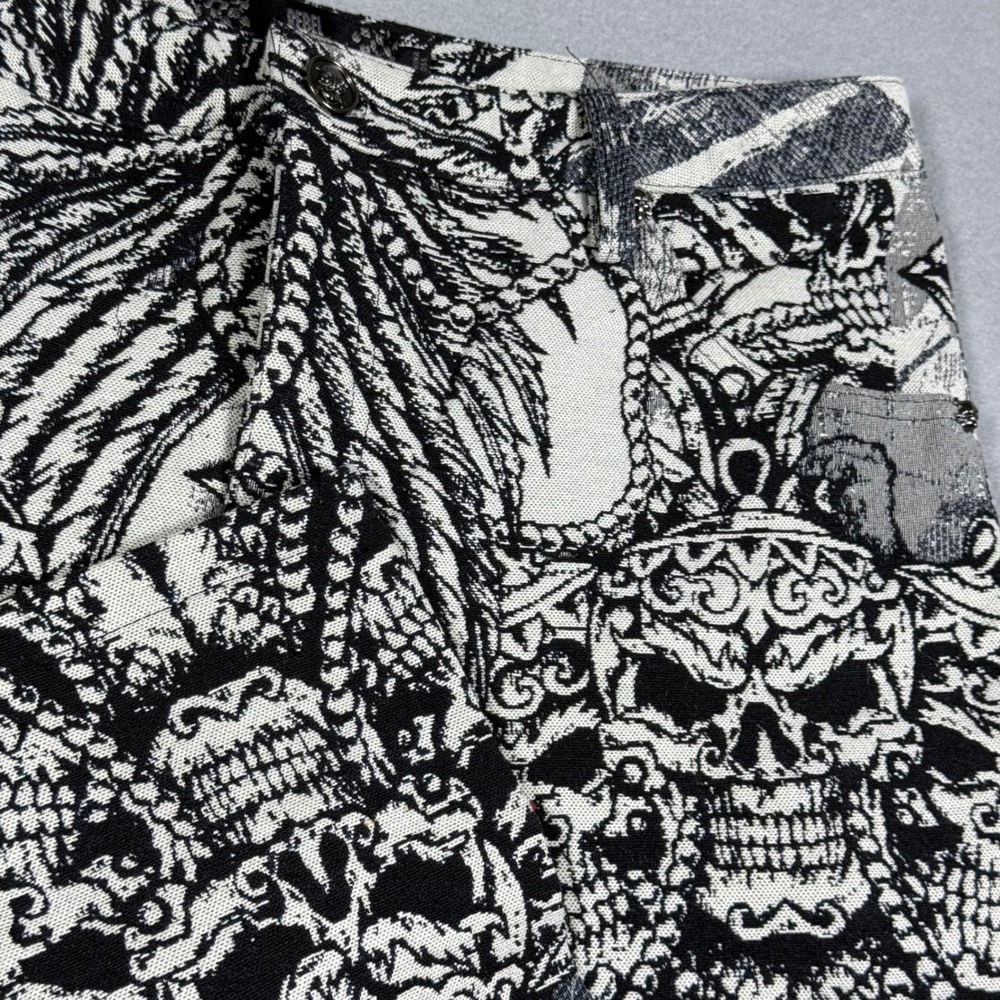 Rebel Vengeance Skull Tapestry Pants Black White Woven Straight Leg Mens 34